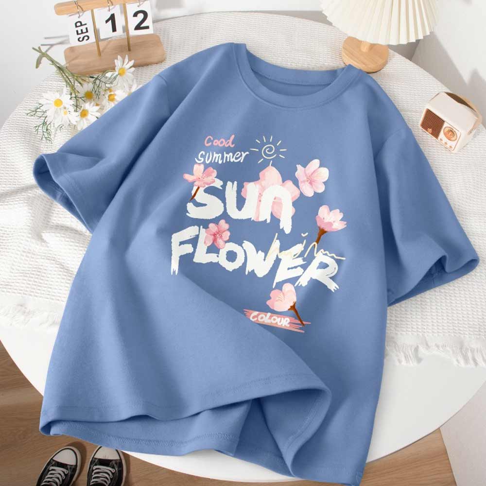 New Sun Flower Design Drop Shoulder T Shirt for Women