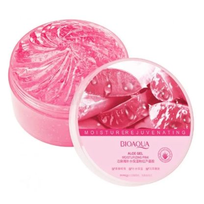 he Bioaqua Moisturizing Pink Aloe Vera Gel is a popular skincare product known for its hydrating and soothing properties. About the Product: Size: Comes in a 300g jar, which offers a generous amount of product for extended use. Color: The gel is pink, which might be due to added colorants or other ingredients in the formulation. Ingredients: Typically includes aloe vera as the primary ingredient, along with other moisturizing agents and possibly colorants or preservatives. Always check the ingredient list for specific details and to ensure there are no allergens. Benefits: Deep Hydration: Aloe vera gel is renowned for its excellent moisturizing properties. It helps to deeply hydrate the skin without making it greasy. Soothes Irritation: Aloe vera has anti-inflammatory properties that can help calm irritated or sensitive skin, making it a great choice for soothing sunburns or minor skin irritations. Skin Healing: The gel can support skin healing and regeneration, which can be beneficial for minor cuts, burns, or blemishes. Improves Skin Texture: Regular use can help improve skin texture, making it feel smoother and more supple. Anti-Aging Properties: Aloe vera contains antioxidants that can help fight signs of aging, such as fine lines and wrinkles. Brightens Skin: It may help in brightening the complexion and evening out skin tone over time. How to Use: Cleanse Your Skin: Start with clean, dry skin. It’s best to apply the gel after washing your face or showering. Apply the Gel: Scoop a small amount of the pink aloe vera gel and apply it to the desired areas of your skin. You can use it on your face, body, or even hair. Massage Gently: Gently massage the gel into your skin using upward circular motions until it is fully absorbed. Use as Needed: You can apply the gel as needed throughout the day, or use it as a part of your daily skincare routine. For Hair: It can also be used as a conditioning treatment for the hair. Apply it to your scalp and hair, leave it for a few minutes, and then rinse thoroughly.