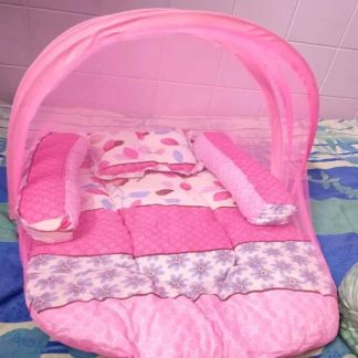 Baby bed set with mosquito net blue, parrot-green and pink