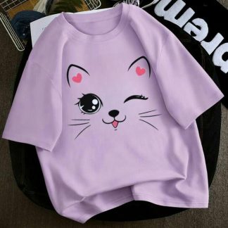 Cute Cat Face Oversized Drop Shoulder T-Shirt for Women