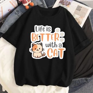 Life is Better with a Cat Oversized Drop Shoulder T-Shirt for Women