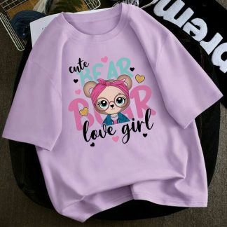 Cute Bear Love Girl Oversized Drop Shoulder T-Shirt for Women