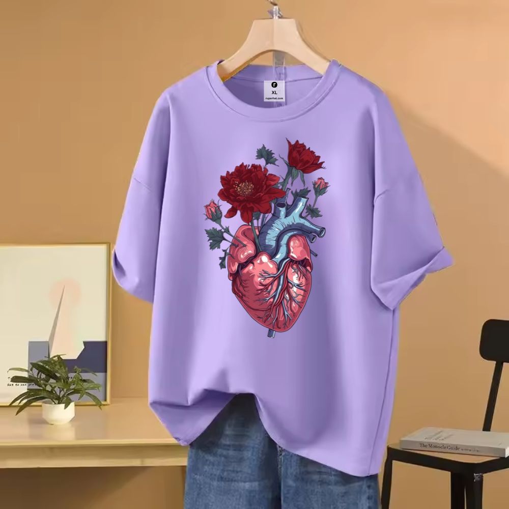 Rose Heart Animation Design Drop Shoulder T-Shirt