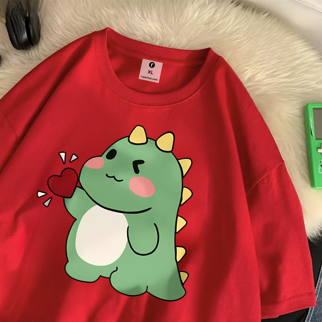 Cute Little Dinosaur Confesses Love Cotton Oversize T-Shirt