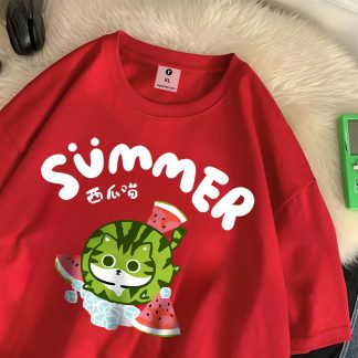 Summer Cute Watermelon Cartoon Cat Cotton Women Oversize T-Shirt