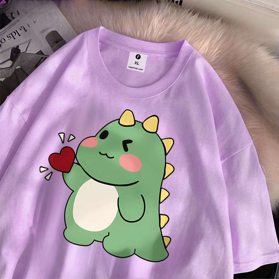 Cute Little Dinosaur Confesses Love Cotton Oversize T-Shirt