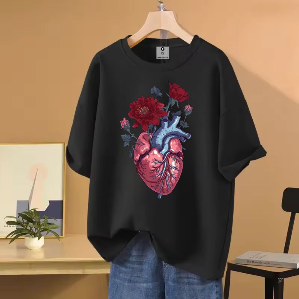 Rose Heart Animation Design Drop Shoulder T-Shirt