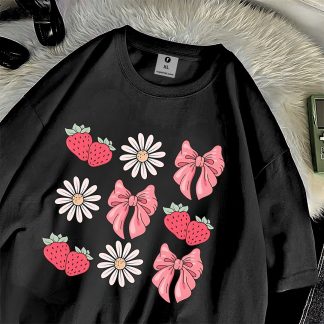 Rose Bow Strawberry Sunflower Design Drop Shoulder T-Shirt