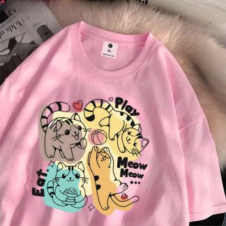 Cat Play Eat Meow Drop Shoulder T-Shirt