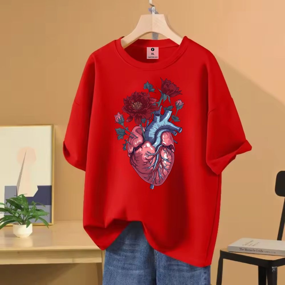 Rose Heart Animation Design Drop Shoulder T-Shirt
