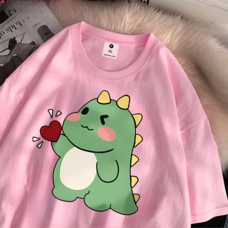 Cute Little Dinosaur Confesses Love Cotton Oversize T-Shirt