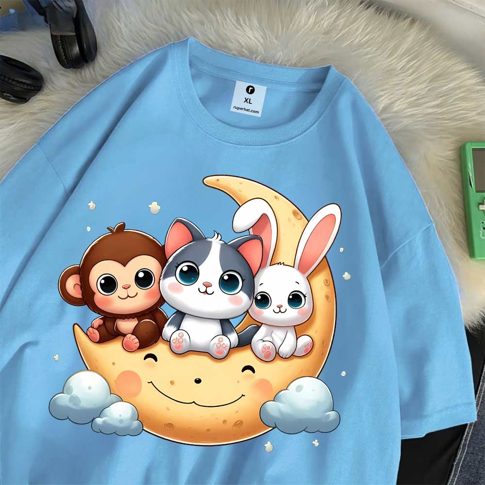 Moon Cat Drop Shoulder T-Shirt for Women