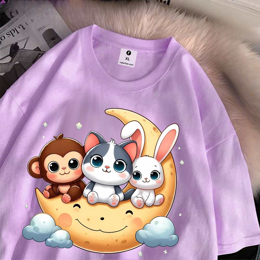 Moon Cat Drop Shoulder T-Shirt for Women