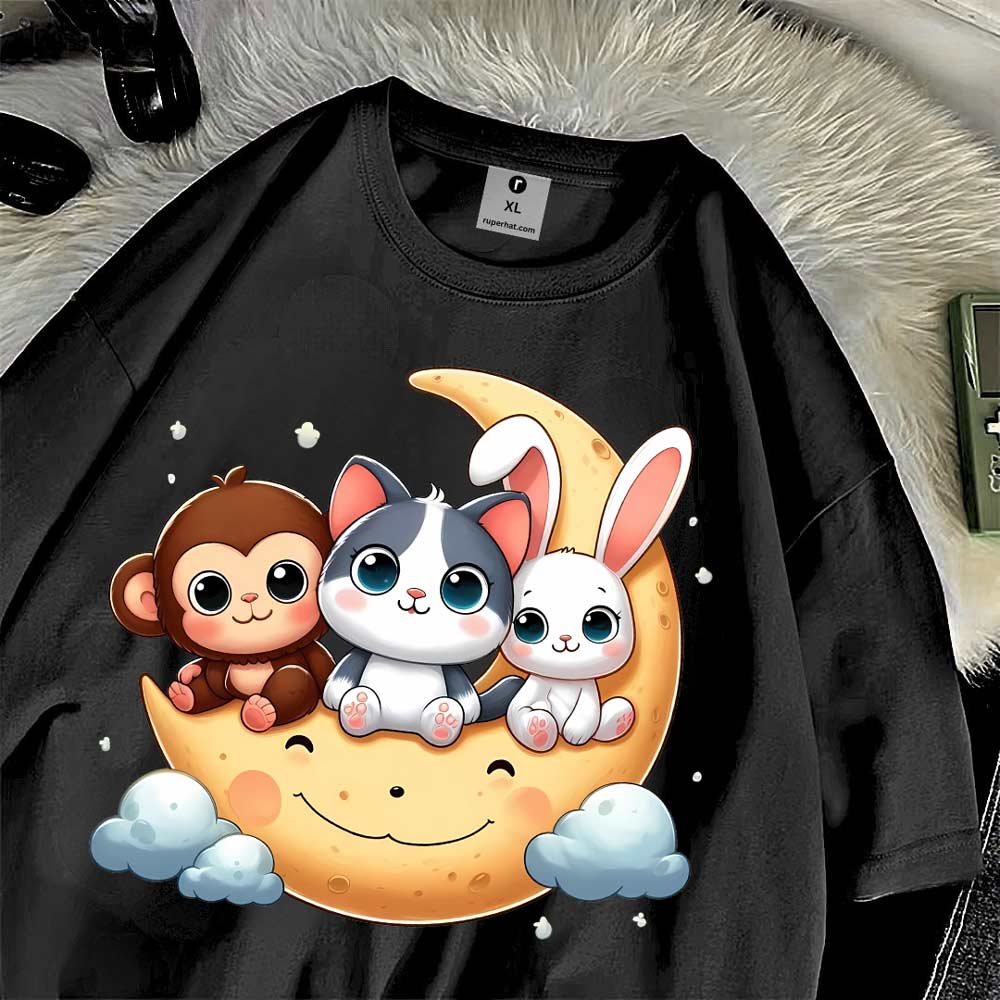 Moon Cat Drop Shoulder T-Shirt for Women