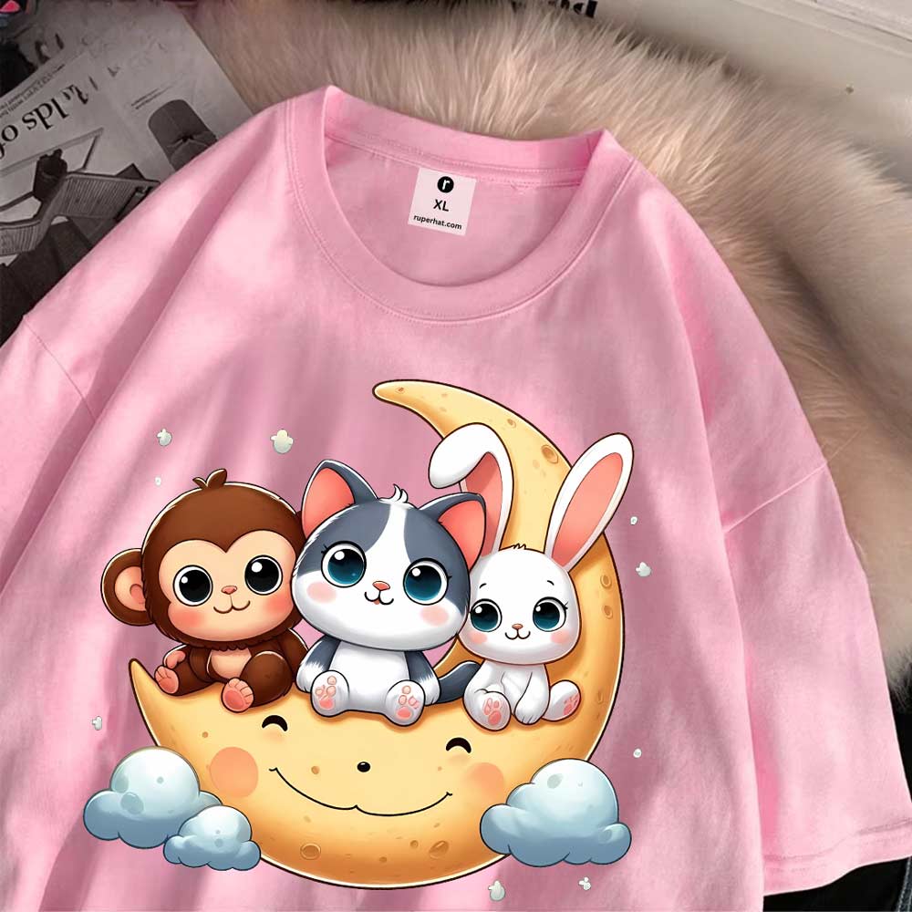 Moon Cat Drop Shoulder T-Shirt for Women