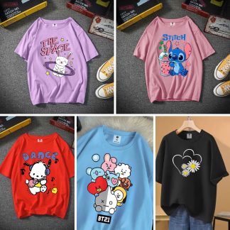 5 Color Different Print Drop Shoulder T-Shirt Combo for Women