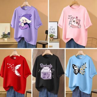 5 Color Different Print Drop Shoulder T-Shirt Combo for Women