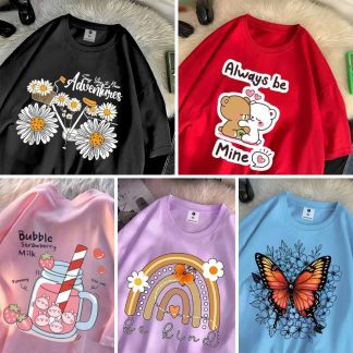 5 Color Different Print Drop Shoulder T-Shirt Combo for Women