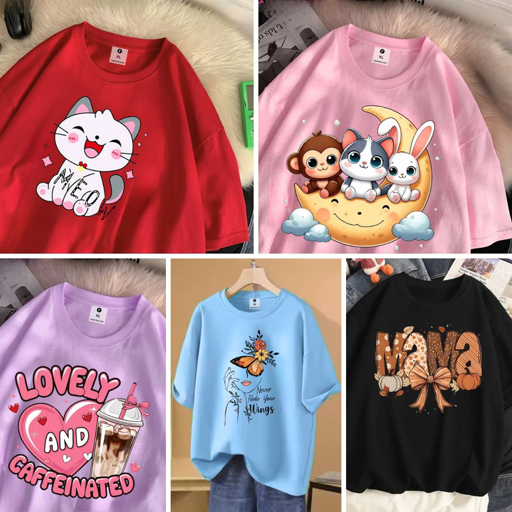 5 Color Different Print Drop Shoulder T-Shirt Combo for Women