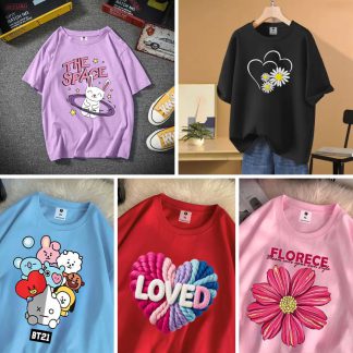 5 Color Different Print Drop Shoulder T-Shirt Combo for Women