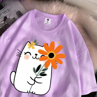 Cat Flower Oversize T-Shirt for Women