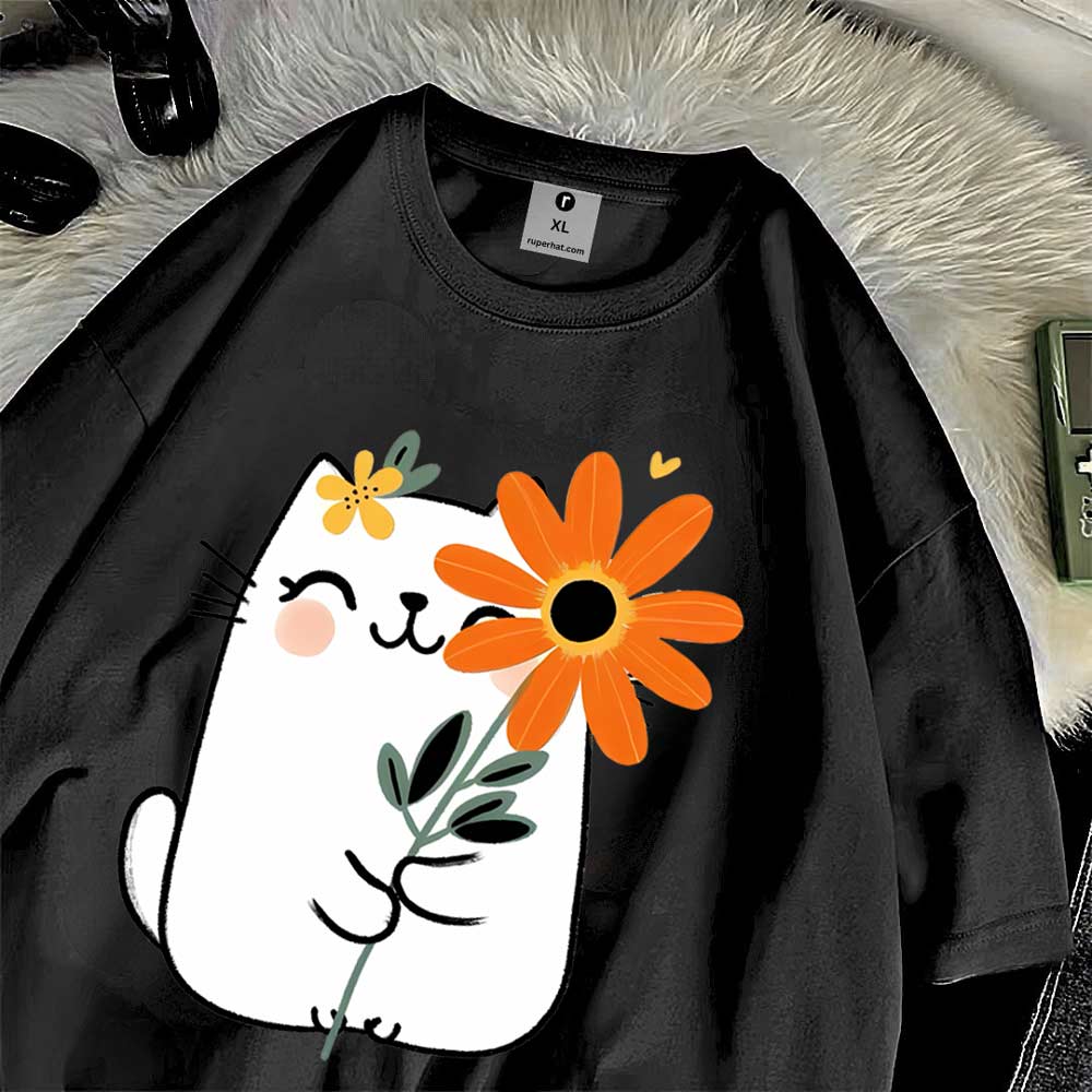 Cat Flower Oversize T-Shirt for Women