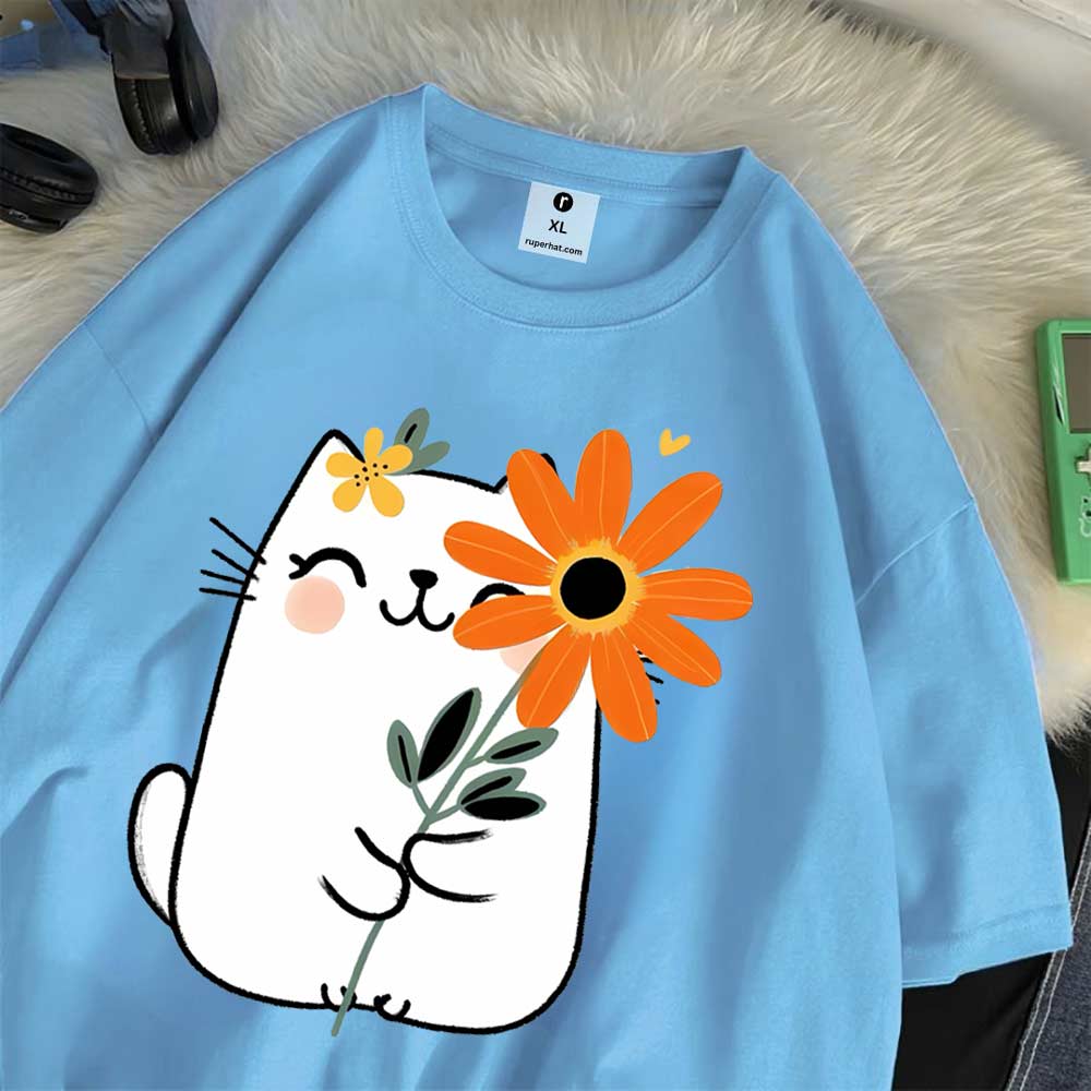 Cat Flower Oversize T-Shirt for Women