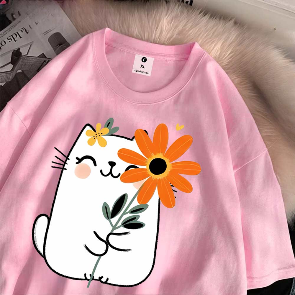 Cat Flower Oversize T-Shirt for Women