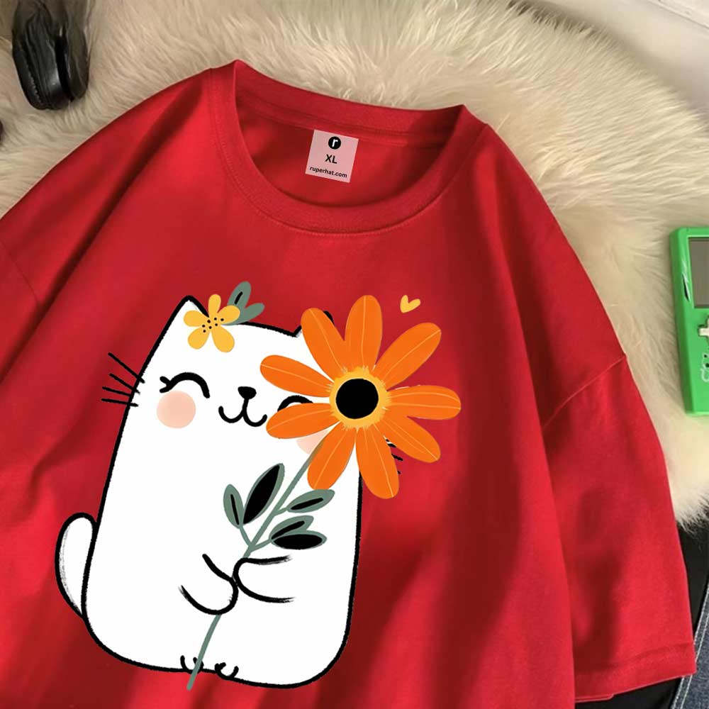 Cat Flower Oversize T-Shirt for Women