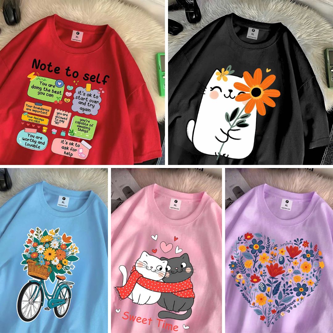 5 Color Different Print Drop Shoulder T-Shirt Combo for Women