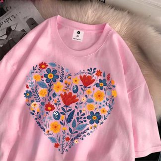 Flower Heart Drop Shoulder T-Shirt for Women