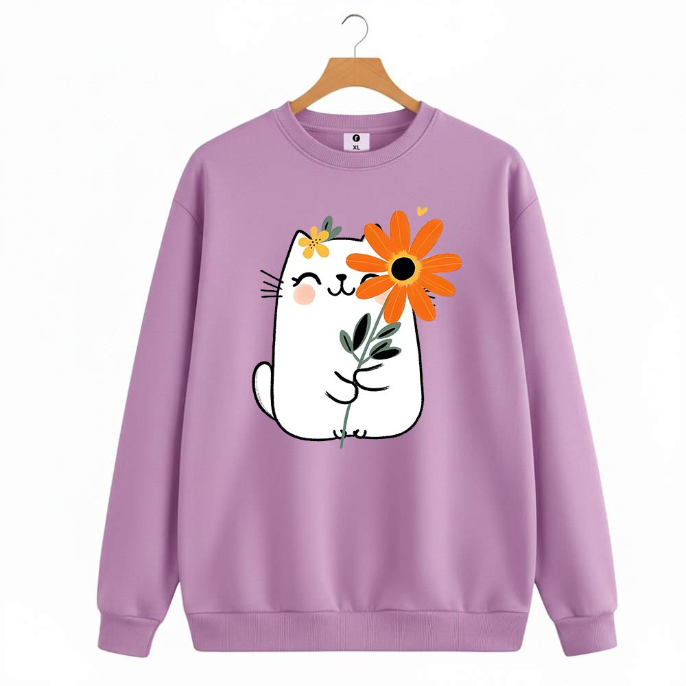 Cat with flower long sleeve sweatshirt for women