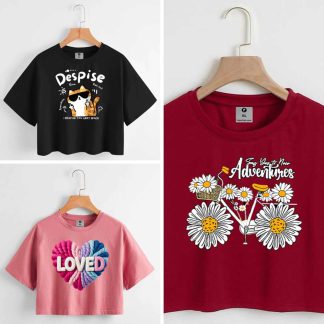 3 Color Drop Shoulder Crop T-shirt Combo