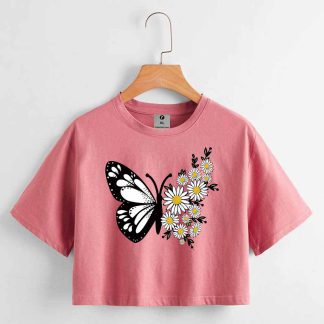 Butterfly Sunflower Oversize Drop Shoulder Crop T-shirt