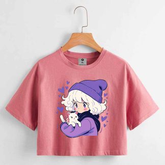 Cat Love Oversize Drop Shoulder Crop T-shirt