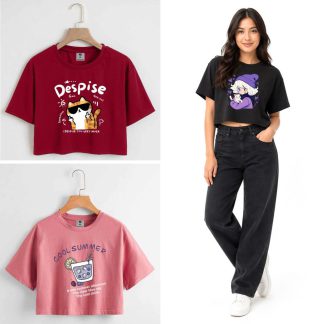 3 Color Drop Shoulder Crop T-shirt Combo