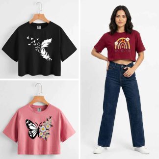 3 Color Drop Shoulder Crop T-shirt Combo