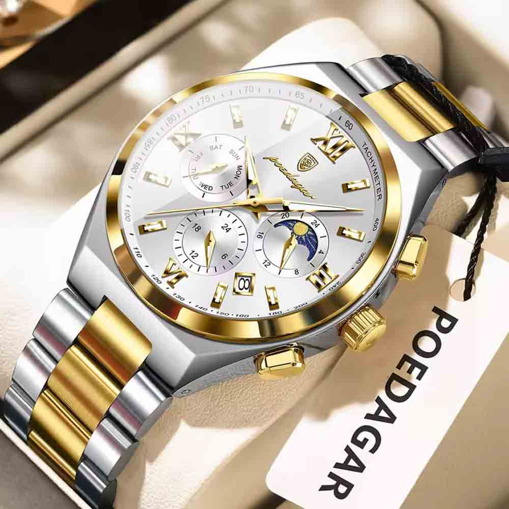 POEDAGAR 688 Luxury Business Man Wristwatch Gold White