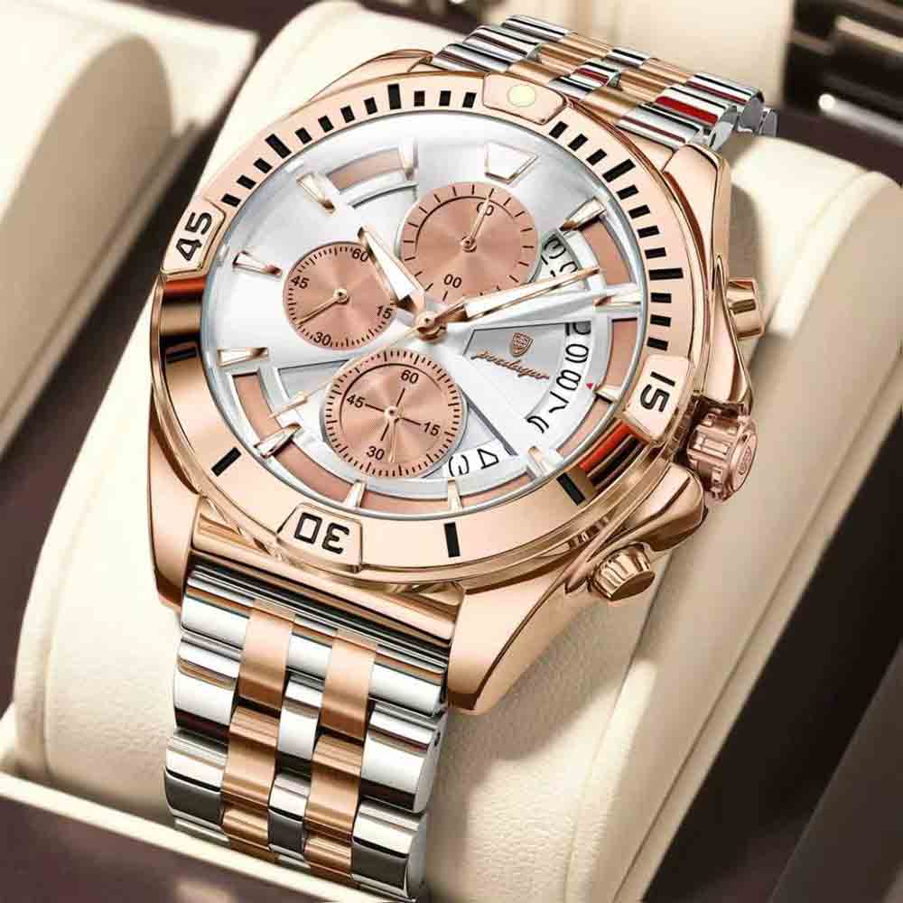 POEDAGAR 695 Luxury Fashion Chronograph Men’s Watch – Rose Gold White