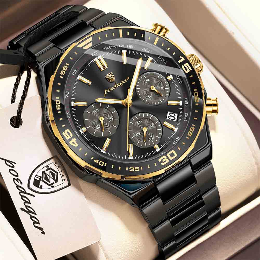 POEDAGAR 697 Luxury Fashion Chronograph Men’s Watch – Black gold