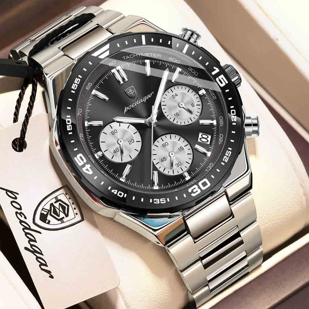 POEDAGAR 697 Luxury Fashion Chronograph Men’s Watch – Silver Black