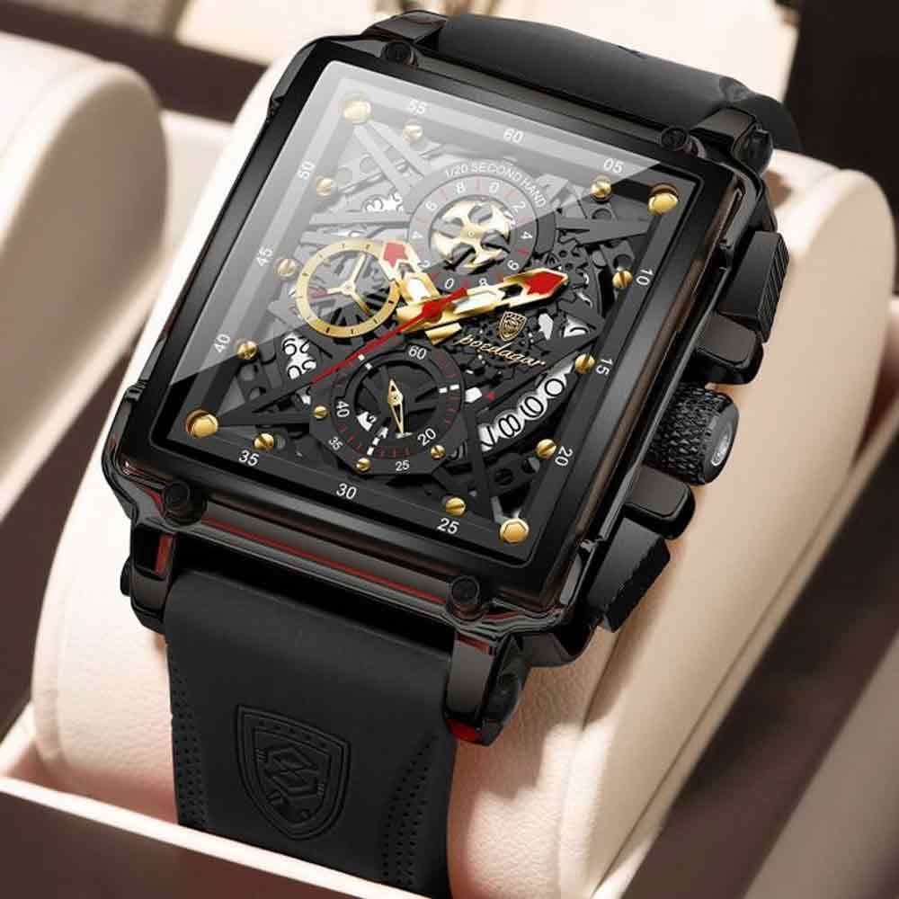 POEDAGAR 840 Luxury Square Chronograph Men’s Quartz Watch – Full Black