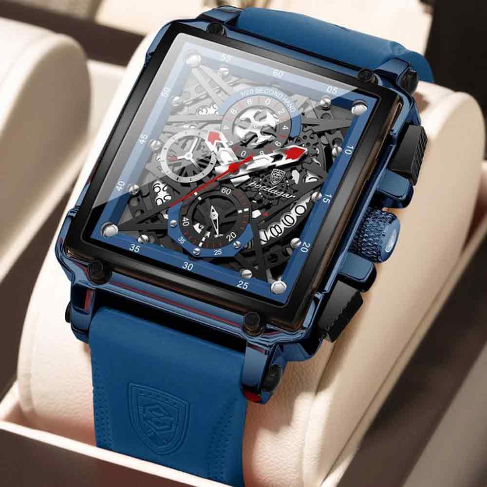 POEDAGAR 840 Luxury Square Chronograph Men’s Quartz Watch – Gold Blue
