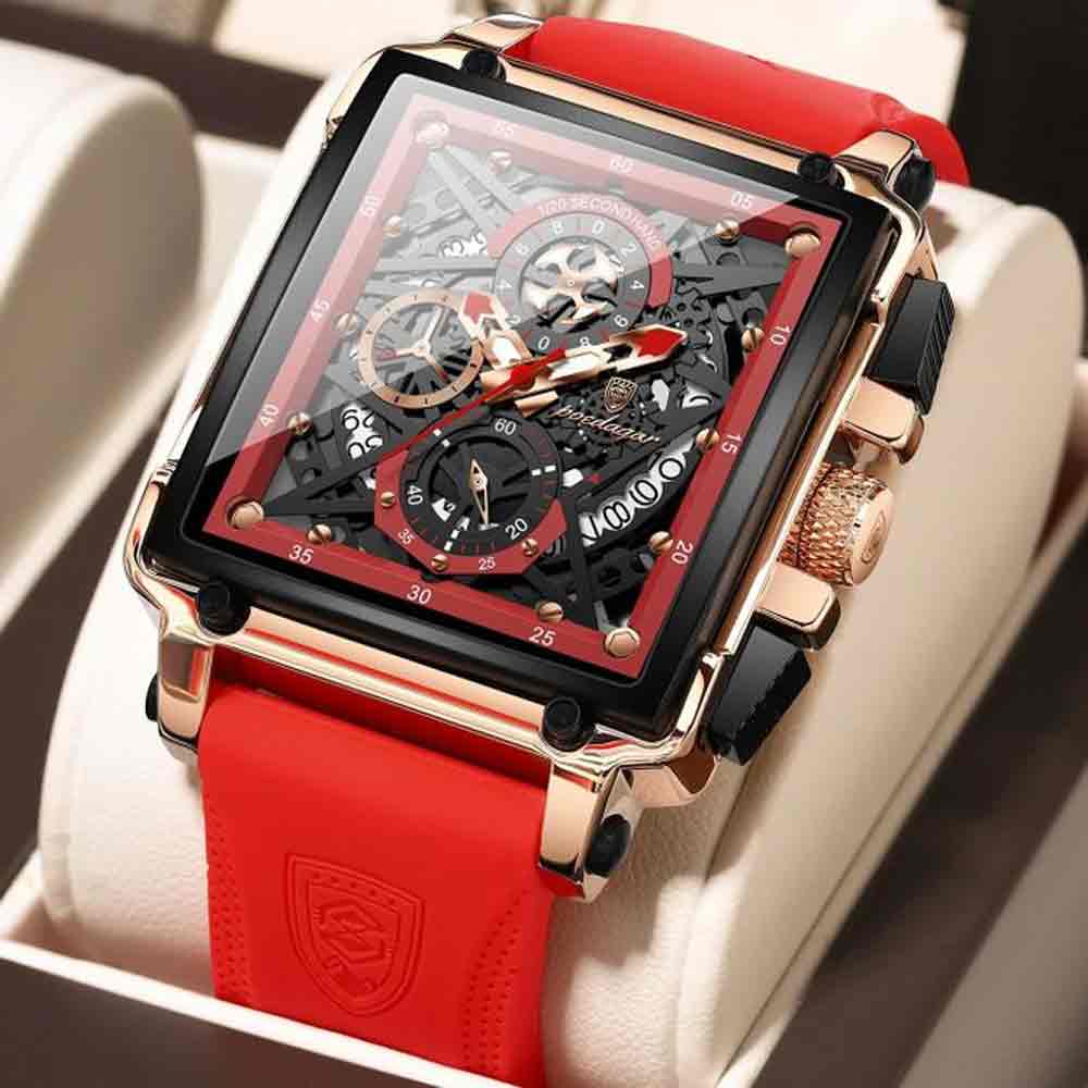 POEDAGAR 840 Luxury Square Chronograph Men’s Quartz Watch – Rose Gold Red