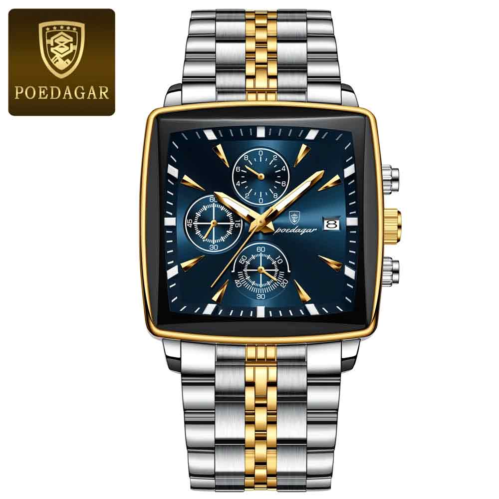POEDAGAR 866 Luxury Square Business Man Wristwatch Gold Blue