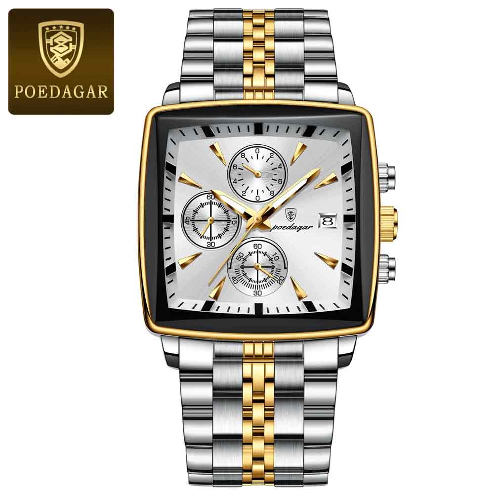 POEDAGAR 866 Luxury Square Business Man Wristwatch Gold White