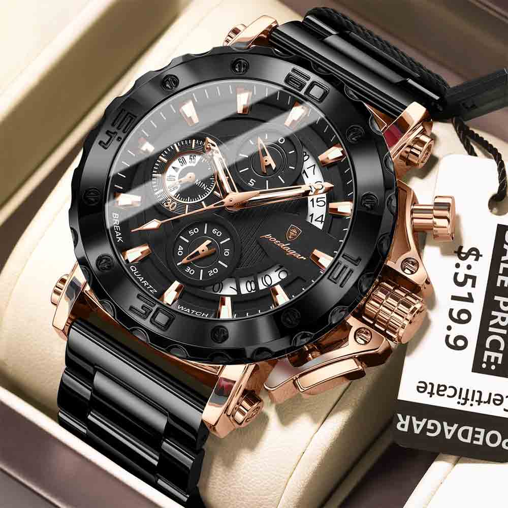 POEDAGAR 892 2025 Men’s Chronograph Quartz Watch Rose Gold Black