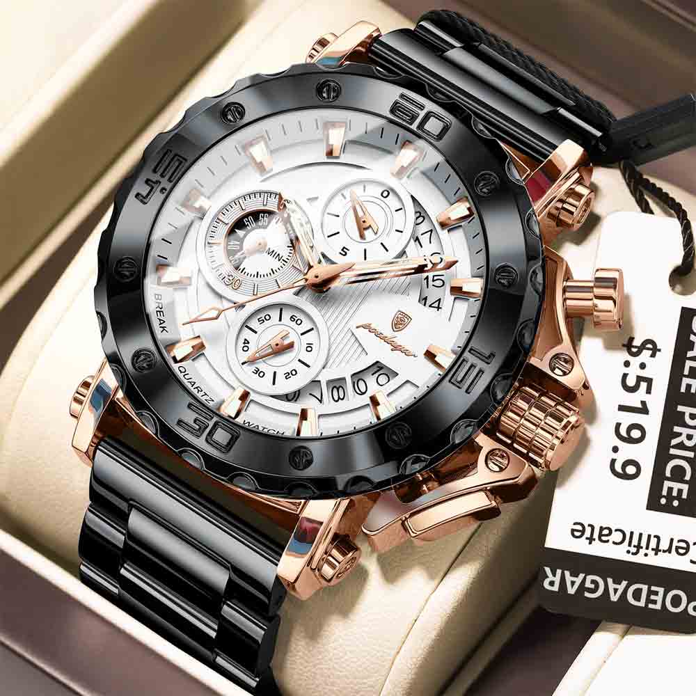 POEDAGAR 892 2025 Men’s Chronograph Quartz Watch Rose Gold White