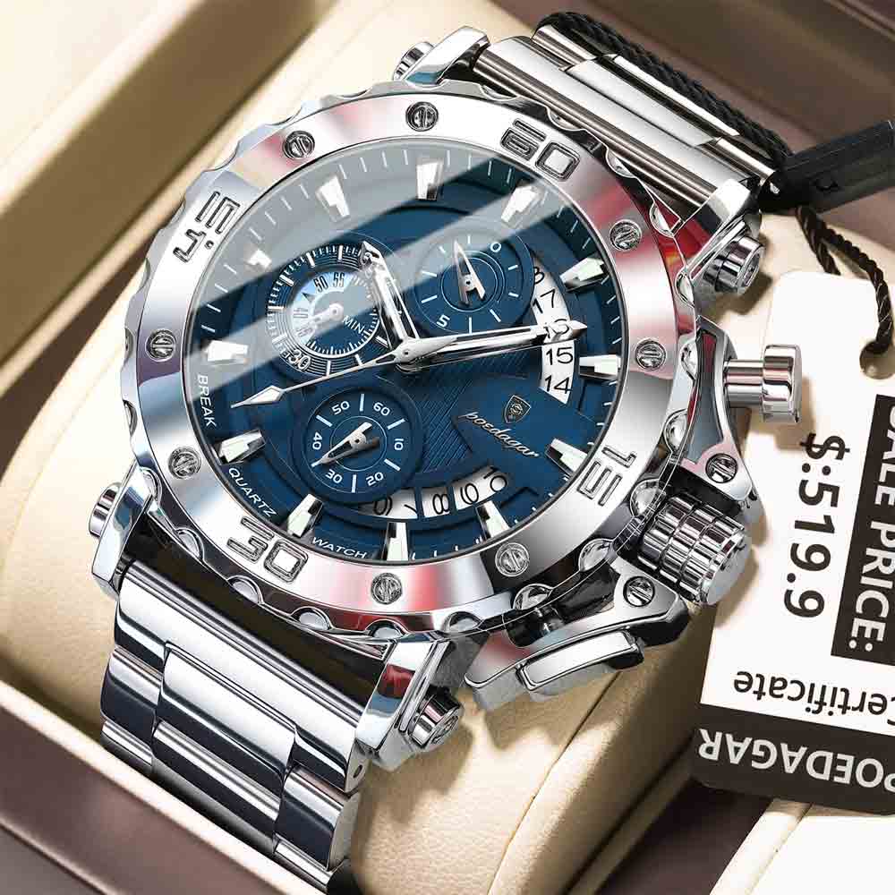POEDAGAR 892 2025 Men’s Chronograph Quartz Watch Silver Blue