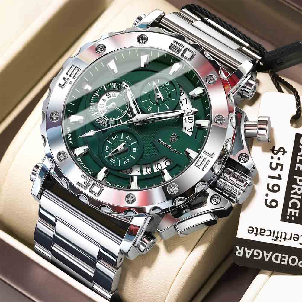 POEDAGAR 892 2025 Men’s Chronograph Quartz Watch Silver Green